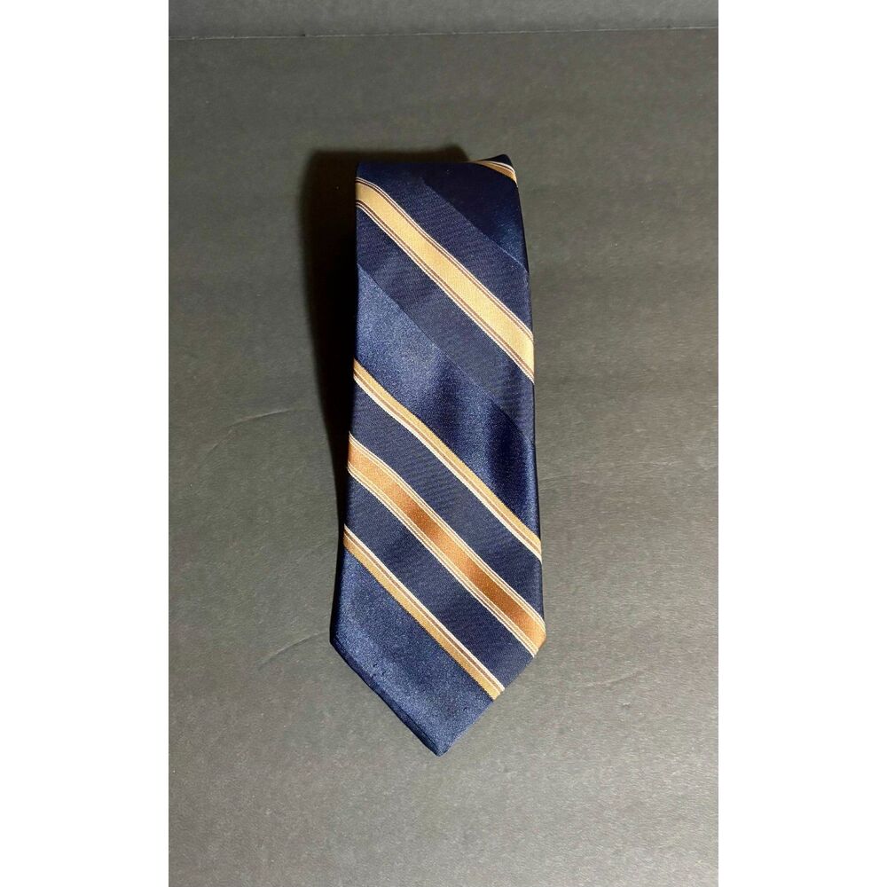 Vintage Sears Fashion Collection Tie Navy Blue Gold Striped Perma-Prest Retro